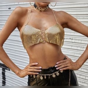 Last Chance! Shimmering Chain Link Metallic Halter Top Jewelry Top Bralette
